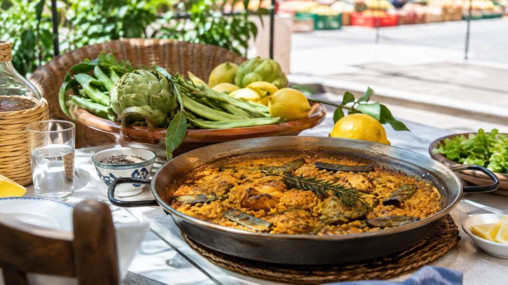 Arroz valenciano servido en una terraza con verduras de temporada