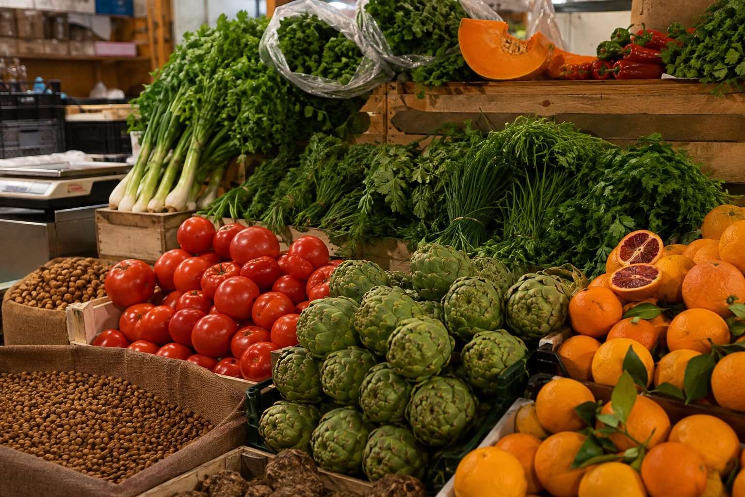 Tomates, alcachofas, naranjas y hierbas en un mercado valenciano