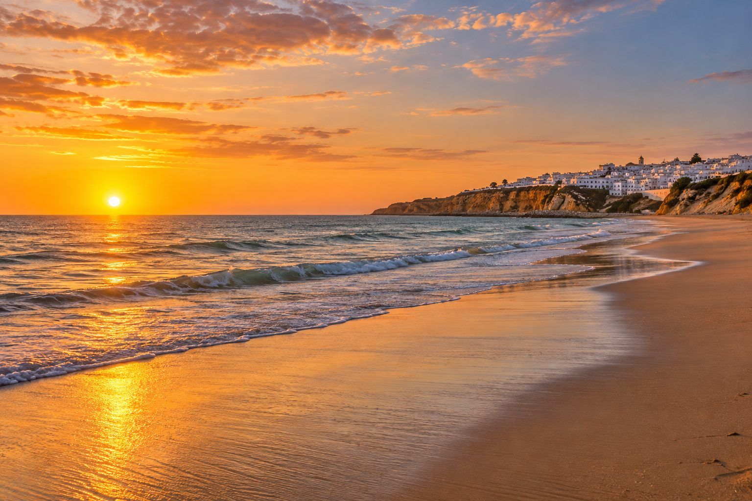 Atardecer sobre una playa amplia de Conil, con olas suaves y casas blancas lejanas.
