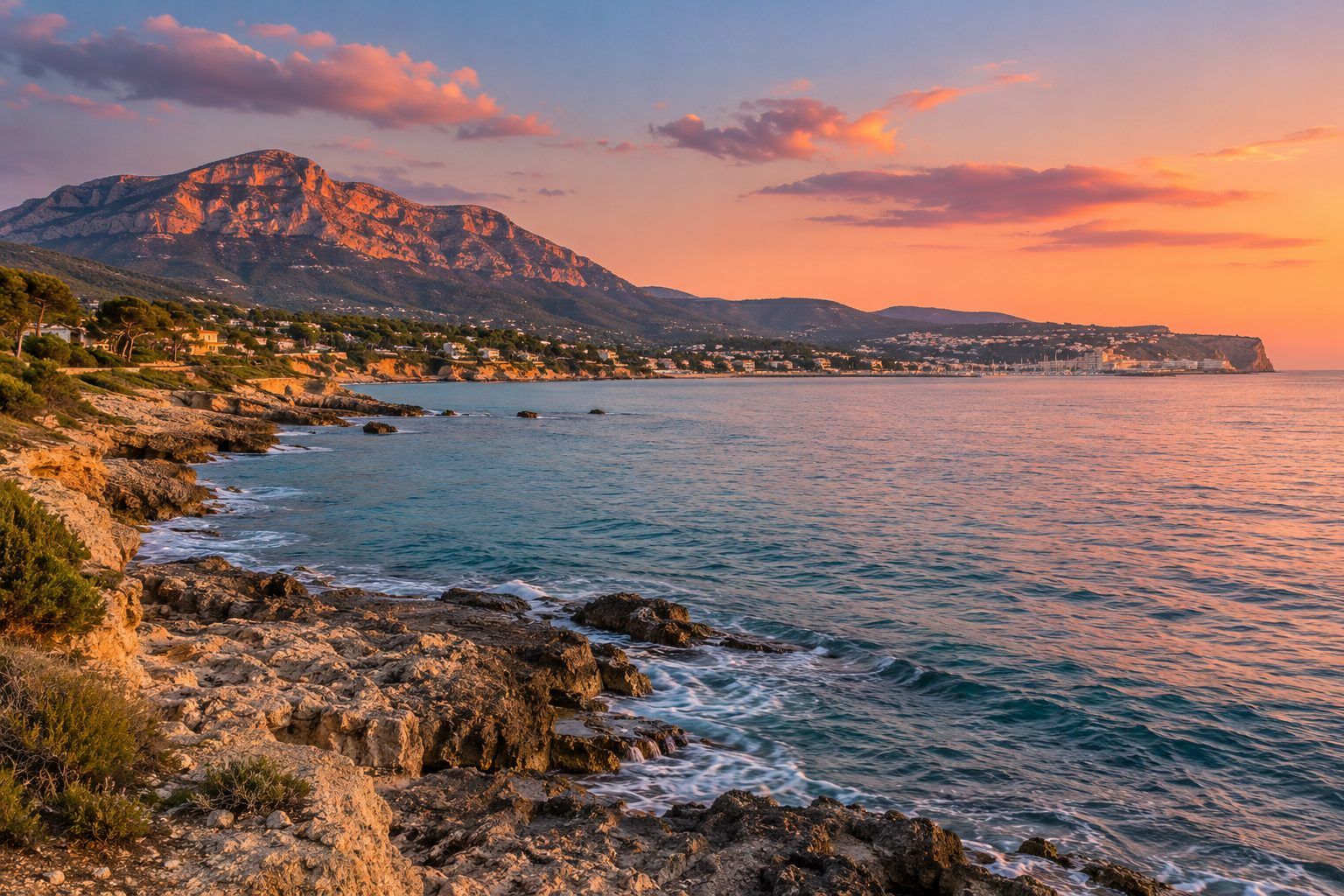 Bahía de Xàbia al final de la tarde, con el Montgó iluminado y tonos rosados sobre el mar.