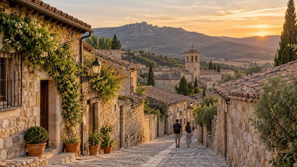Calle empedrada de un pueblo de la sierra al atardecer con dos visitantes caminando
