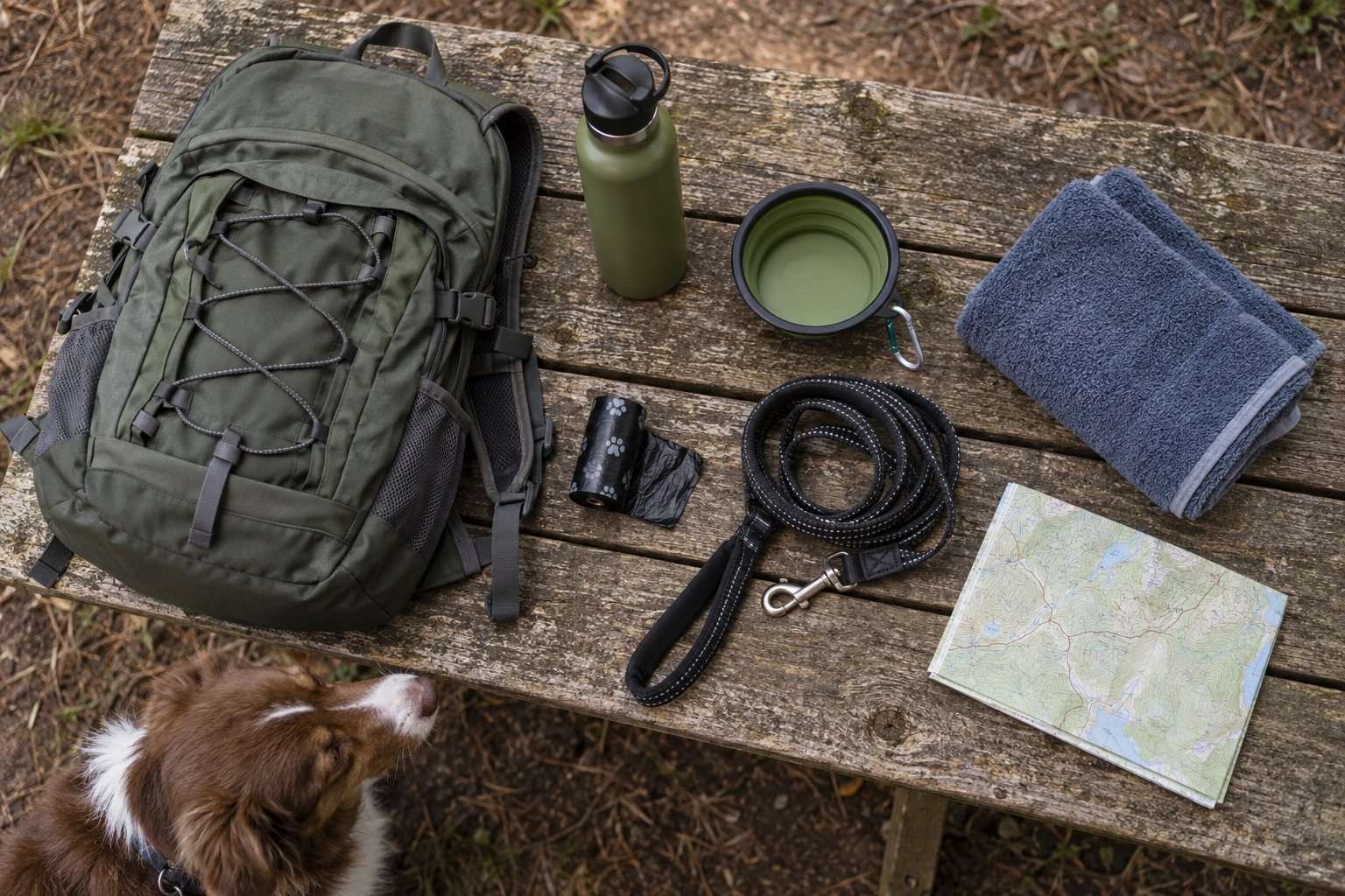 Mochila, agua, cuenco y correa preparados para una excursión con perro
