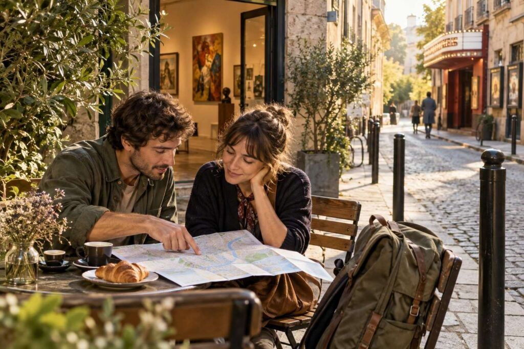 Dos viajeros consultan un mapa en una terraza junto a espacios culturales.